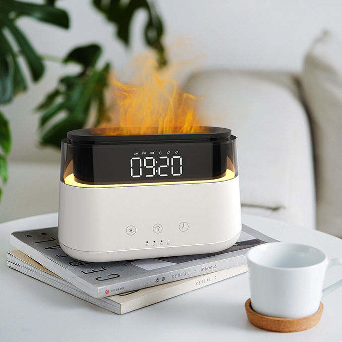 LED Clock Flame Humidifier Flame مرطب متعدد الوظائف للمنزل ومكتب سبا اليوغا الزيت الأساسي Diffuser الرائحة 0