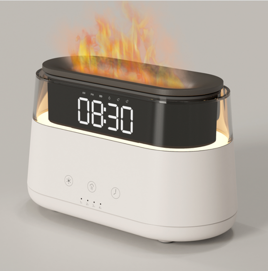 LED Clock Flame Humidifier Flame مرطب متعدد الوظائف للمنزل ومكتب سبا اليوغا الزيت الأساسي Diffuser الرائحة 2