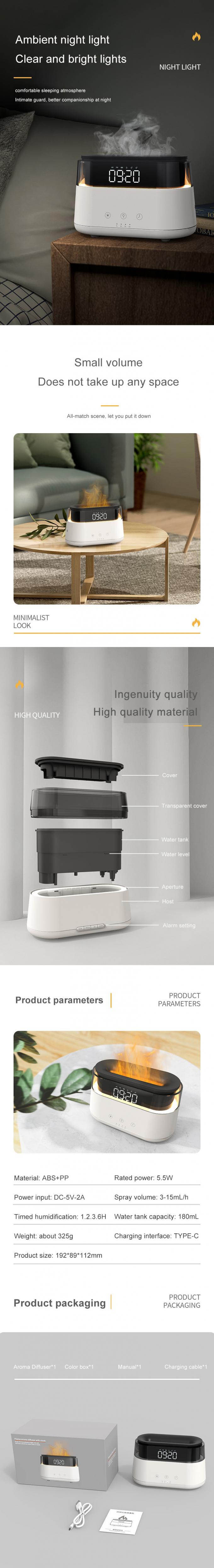 LED Clock Flame Humidifier Flame مرطب متعدد الوظائف للمنزل ومكتب سبا اليوغا الزيت الأساسي Diffuser الرائحة 5